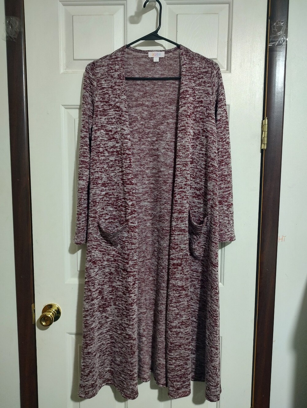 LuLaRoe Long Open-Front Cardigan in Maroon and White Space-Dye simply Comfortabl